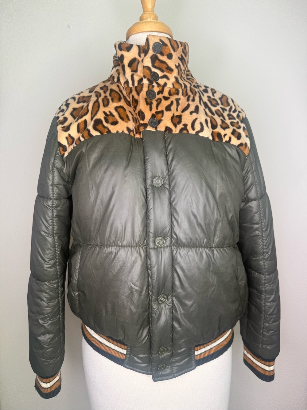 MOTHER Jacket Olive Green Puffer with Faux Leopard Yoke Bomber Snap Coat Stripe
